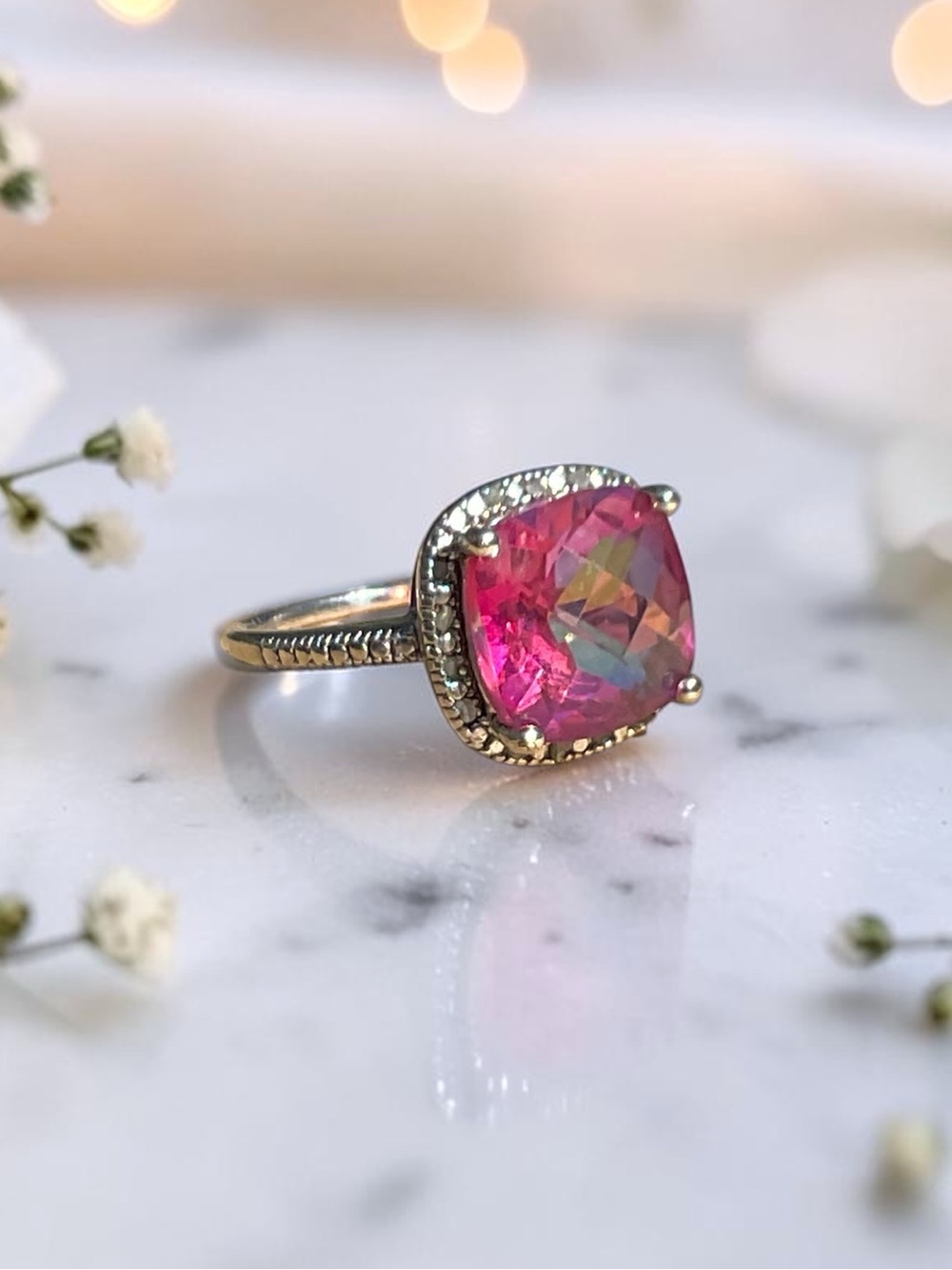 🌺Vintage Sterling & Large Pink Stone Ring with Diamonds